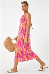 Gathered Palm Print Swing Stretch Dress