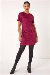 Faux Suede Button Shift Stretch Dress