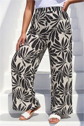 Curve Leaf Print Metallic Wide Leg Trouser