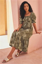 Coral Print Shirred Midi Dress