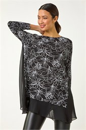 Floral Print Mesh Hem Tunic Top