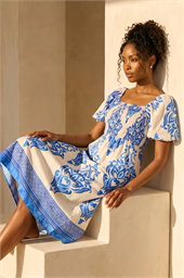 Abstract Print Shirred Midi Dress