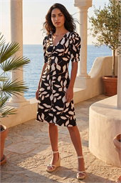 Ditsy Leaf Ruched Puff Sleeve Dress