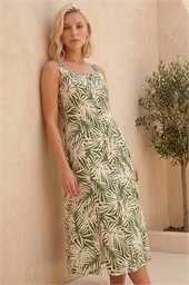 Petite Leaf Print Button Midi Dress