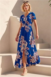 Leaf Print Shirred Maxi Dress
