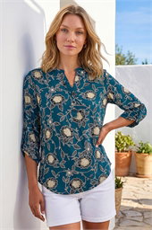 Textured Floral Print Notch Neck Top