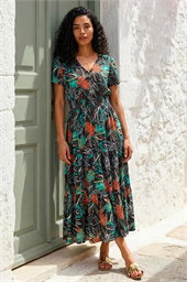 Leaf Print V-Neck Tiered Midi Dress 