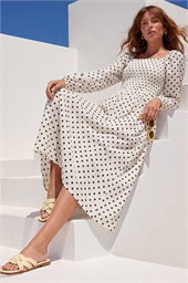 Polka Dot Shirred Midi Dress