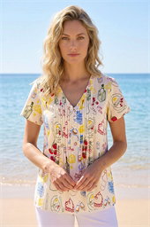 Holiday Print Pleated V-Neck Top
