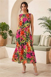 Leaf Print Chiffon Pleat Neck Midi Dress