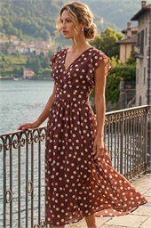 Polka Dot V-Neck Frill Midi Dress