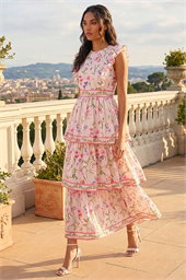 Floral Border Print Frill Maxi Dress