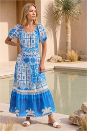 Abstract Border Belted Midi Dress
