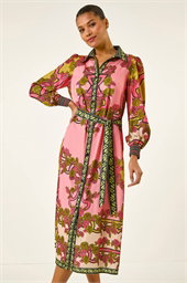 Floral Print Border Shirt Midi Dress