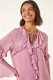 Chiffon Tie Neck Ruffle Tunic Top