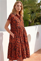 Leaf Print Collared Smock Dress