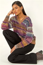 Textured Stripe V-Neck Knit Jumper