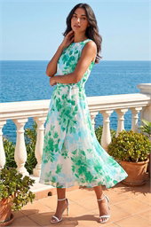 Floral Pleated Neck Midi Dress