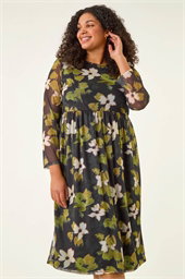 Curve Floral Print Mesh Midi Dress