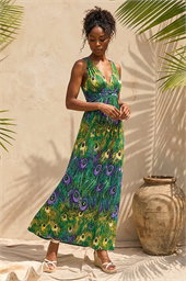 Peacock Printed Stretch Maxi Dress