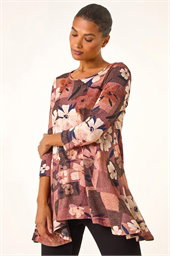 Floral Print Hanky Hem Stretch Top