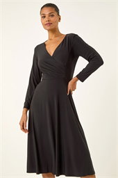 Gathered Mock Wrap Midi Dress