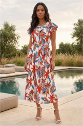 Leaf Print Belted Midi Dress