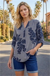 Stripe Floral Print Stretch Shirt