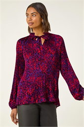 Animal Print Tie Neck Pleated Top