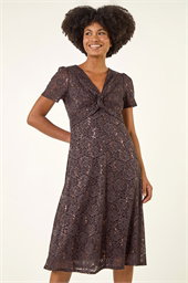 Sequin Lace Twist Front Midi Dress