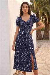Polka Dot Sweetheart Neck Stretch Midi Dress