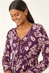 Floral Print Tie Front Stretch Top