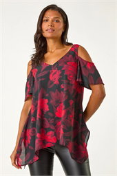Floral Print Cold Shoulder Asymmetric Top