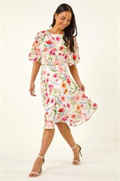 Petite Floral Print Cape Dress