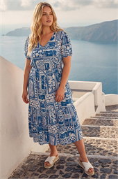 Curve Postcard Print Midi Dress