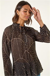 Spot Print Tie Neck Pleated Top