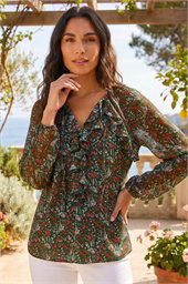 Floral Mesh Print Gathered Top