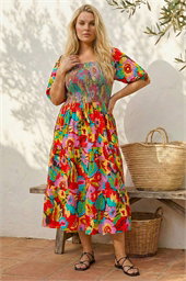 Curve Floral Shirred Midi Dress