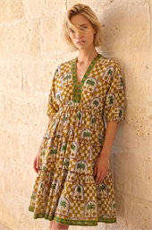 Palm Check Print Boho Dress