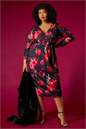 Curve Floral Print Mesh Midi Dress
