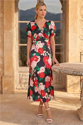 Puff Sleeve Floral Satin Midi Dress