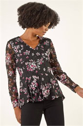 Printed Mesh V-Neck Top