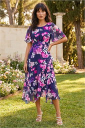 Floral Chiffon Frill Asymmetric Midi Dress