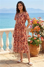 Leaf Print Smock Midi Dress