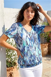 Animal Burnout Print Blouson Stretch Top