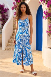 Petite Leaf Print Strappy Midi Dress