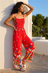 Floral Border Print Shirred Jumpsuit