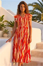 Wave Print Shirred Midi Dress