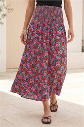 Petite Floral Print Shirred Midi Skirt