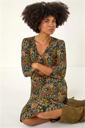 Floral Print V-Neck Stretch Dress